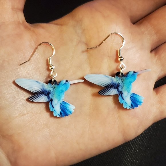 NWOT Sterling Acrylic Blue Hummingbird Earrings - Picture 5 of 6